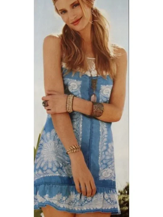 VTG Free People Crystallized Linen Crochet Lace Yoke Paisley Mini Shift Dress 10 - Picture 3 of 16